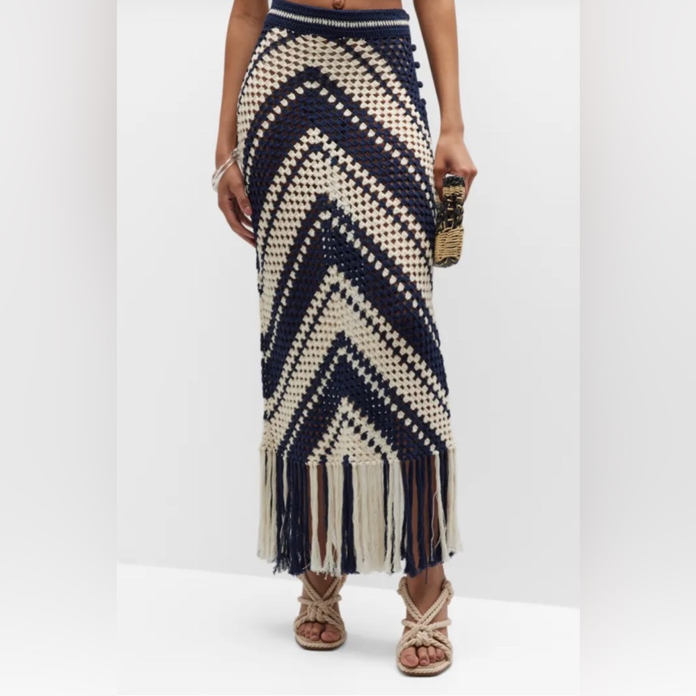 FORE‎ Navy Ivory Crochet Fringe Boho Lined Pull On Maxi Skirt Size Small EUC